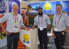Mark Kable, Vineel Reddy and Nathan Bischa at the Harvest Moon stand with their vegetable products and the Snackables range.